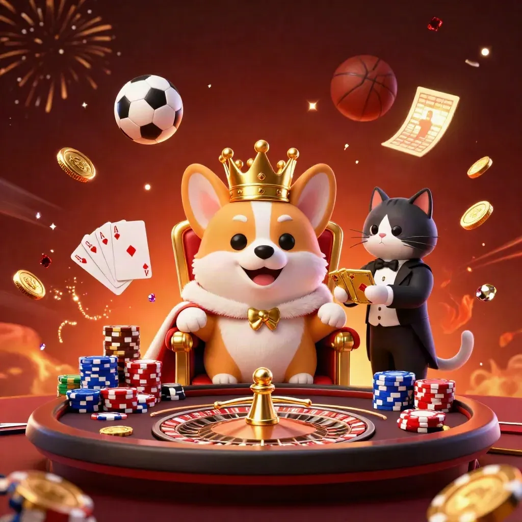 Crowned corgi and cat butler amid chips, coins, balls, sparks and red-gold fireworks.