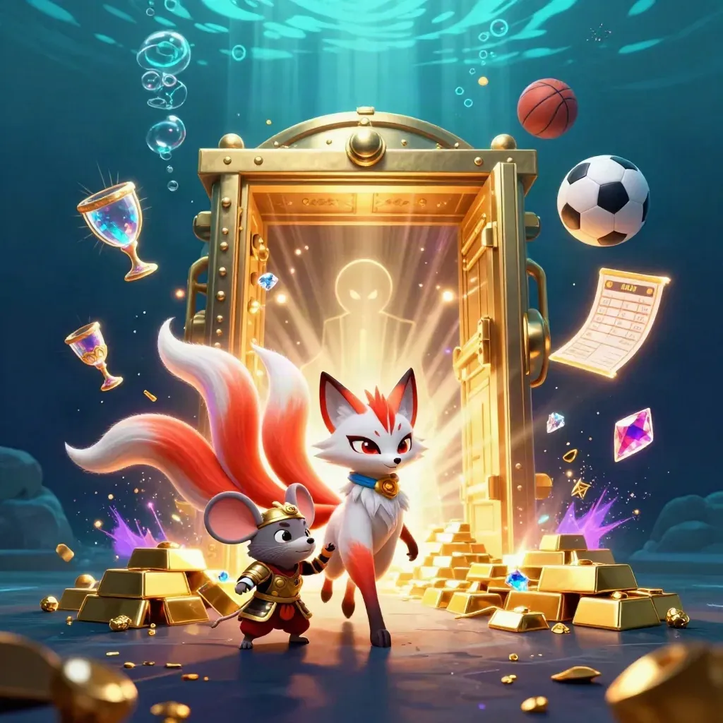 Fox spirit and samurai mouse amid treasure, balls, glowing bubbles, and vault light underwater.