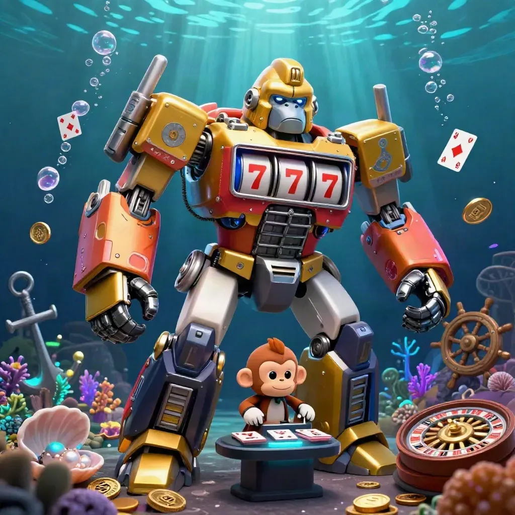 Golden gorilla mech and monkey pilot amid underwater casino treasure, coral, cards, and glowing reels.
