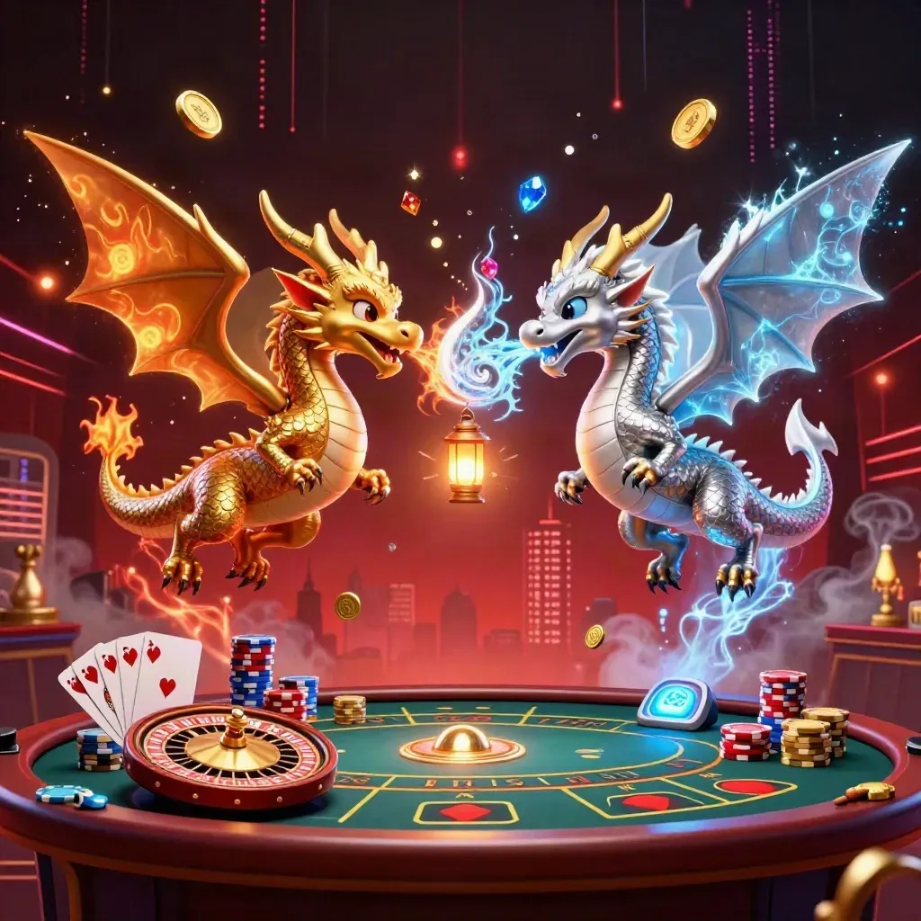 Twin gold and silver dragons swirl over a luxe casino room with coins, gems, roulette, and neon light.