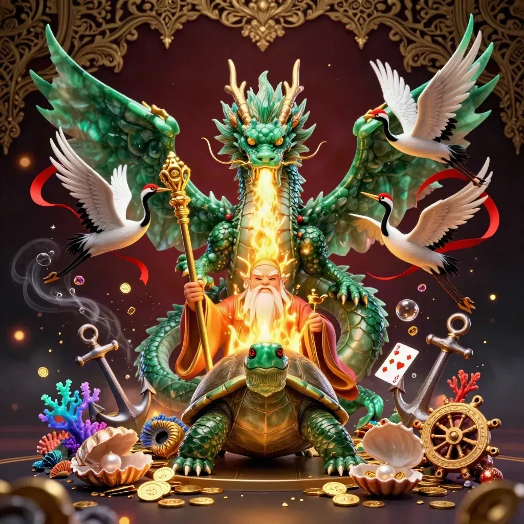 Emerald dragon, turtle sage, and cranes amid treasure, coral, fire, and casino glow.
