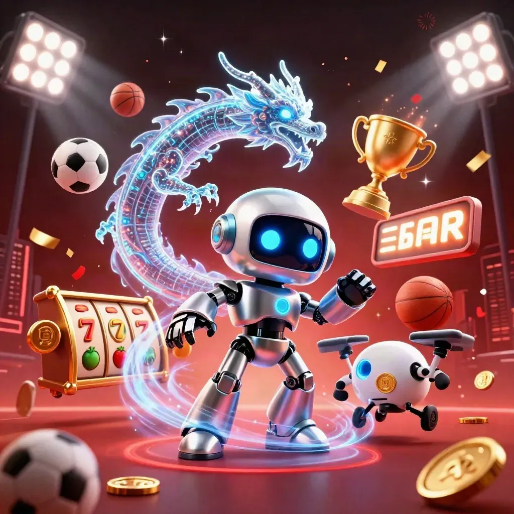 Cyberpunk robot, holographic dragon and drone amid coins, balls and red casino lights.