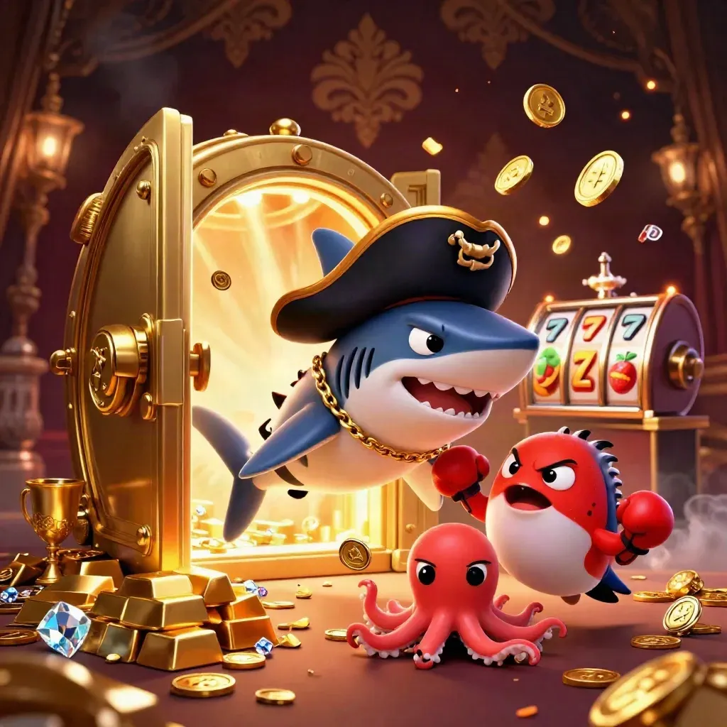 Pirate shark, boxing pufferfish, and juggling octopus amid exploding gold vault treasure.