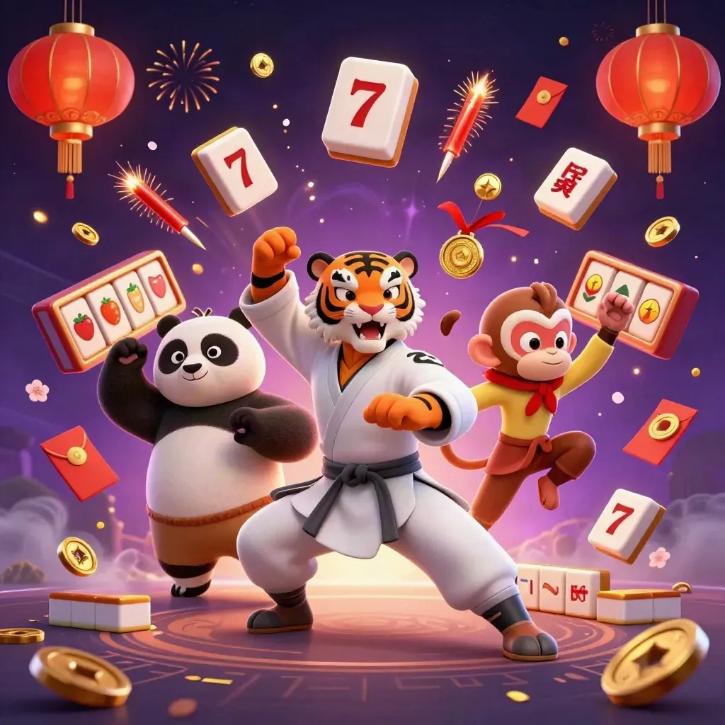 Kung-fu tiger, panda, and monkey amid bursting casino tiles and glowing lanterns