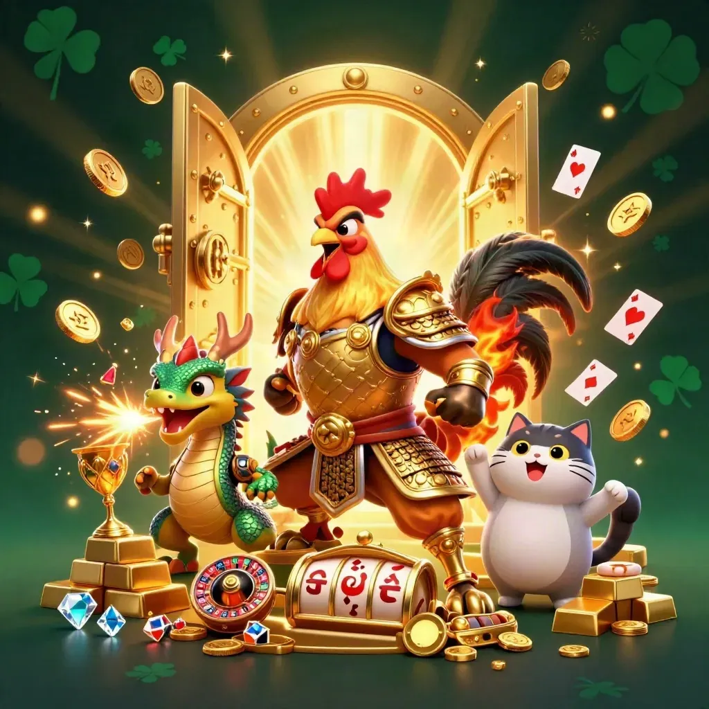 Rooster warrior, dragon hatchling and lucky cat burst from a treasure vault amid gold and sparks