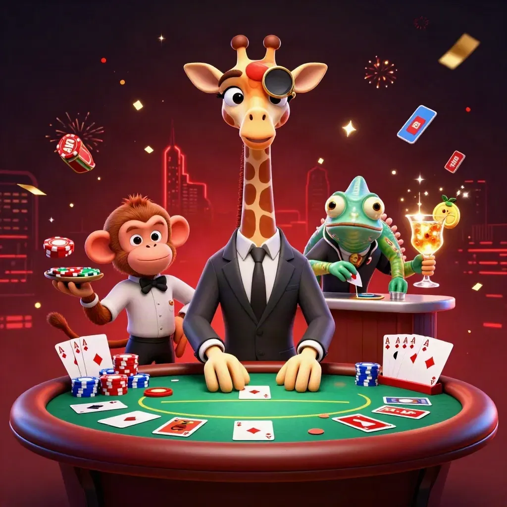 Cartoon giraffe, monkey valet, and chameleon bartender amid poker chips and glowing red casino effects.