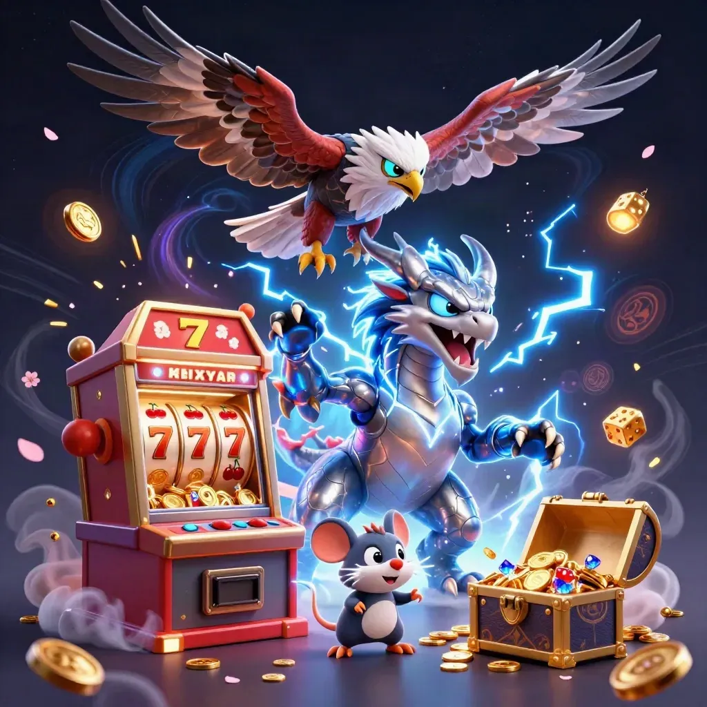Thunder dragon, hawk and static mouse burst from a slot machine with gold, gems and lightning.
