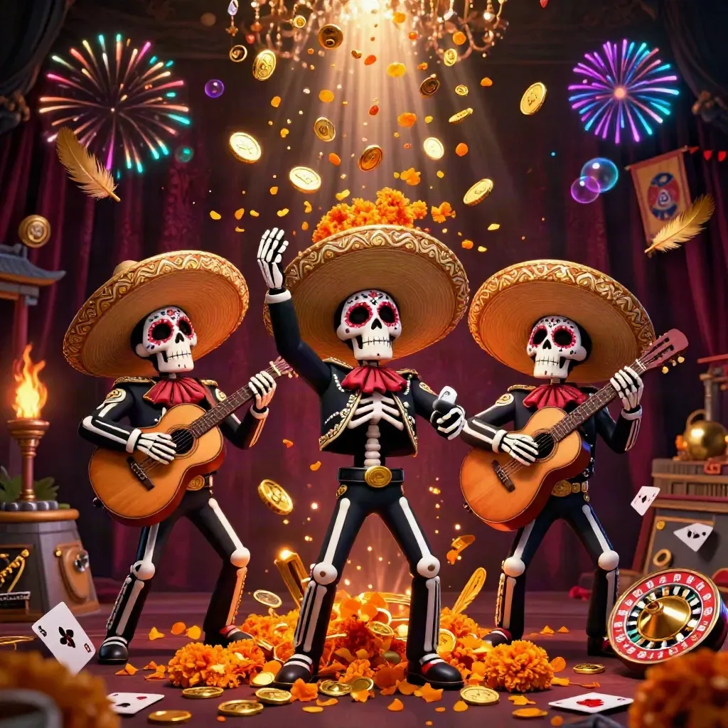 Skeleton mariachi trio with coins, fireworks, temple gate, and casino flair in a dark luxe scene.