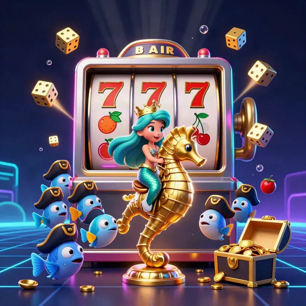 Mermaid princess on a golden seahorse amid slot reels, pirate fish, dice and treasure in neon deep sea