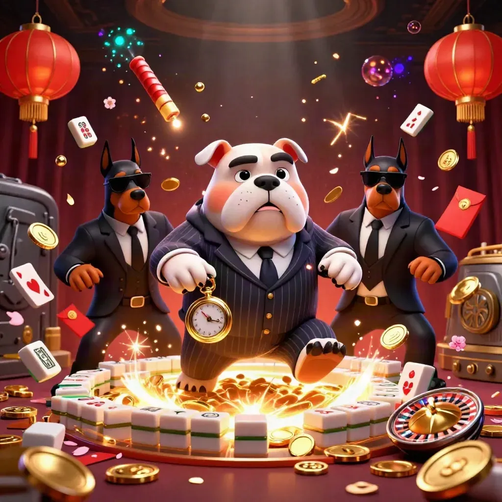 Bulldog boss and two Dobermans amid bursting coins, lanterns, fireworks and casino symbols.