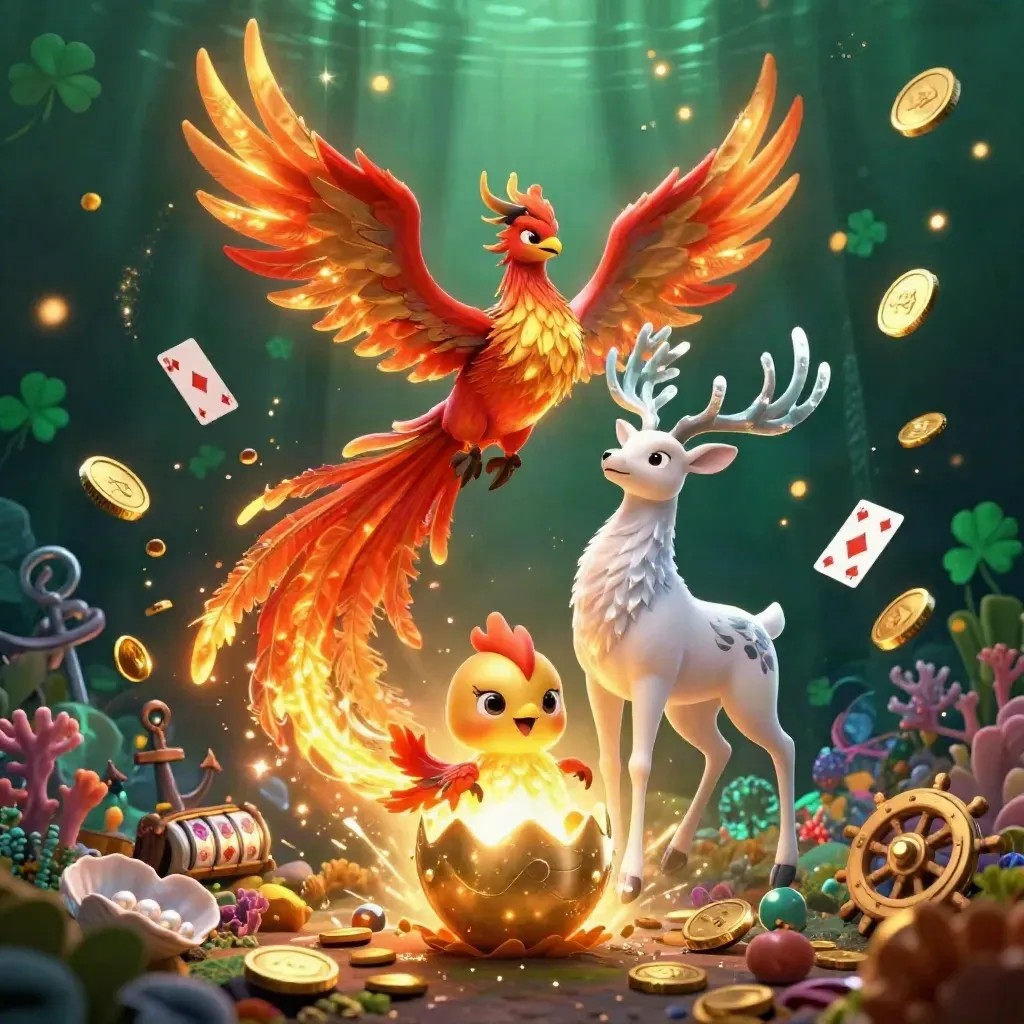 Phoenix, hatching chick, and crystalline stag amid coins, cards, coral, and treasure glow